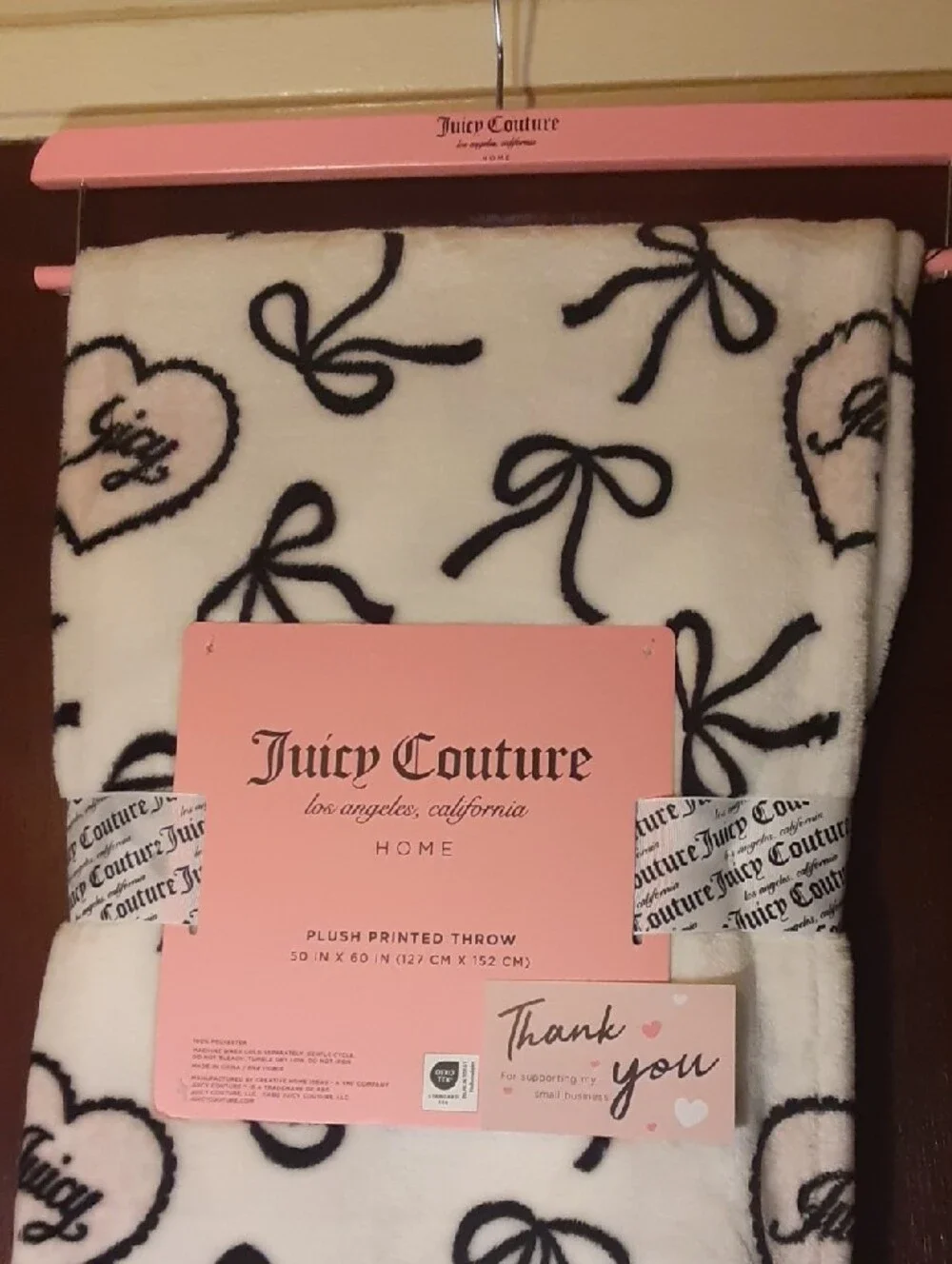 Juicy Couture White Plush Throw with Black Bows & Light Pink Hearts